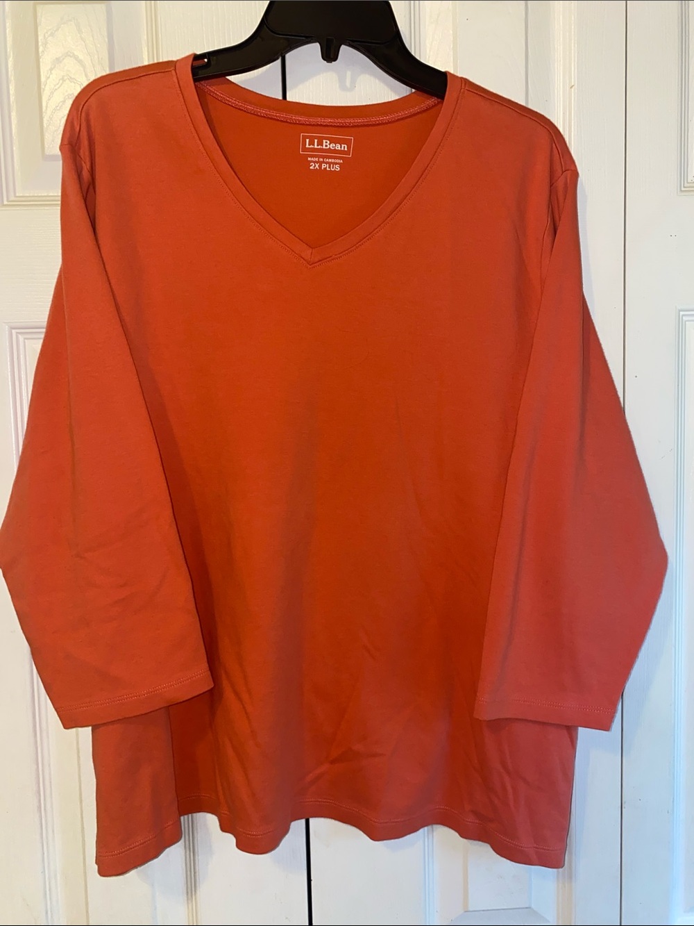 L.L.Bean Women's V-Neck 3/4 Sleeve Top - Coral Orange- 100% Cotton